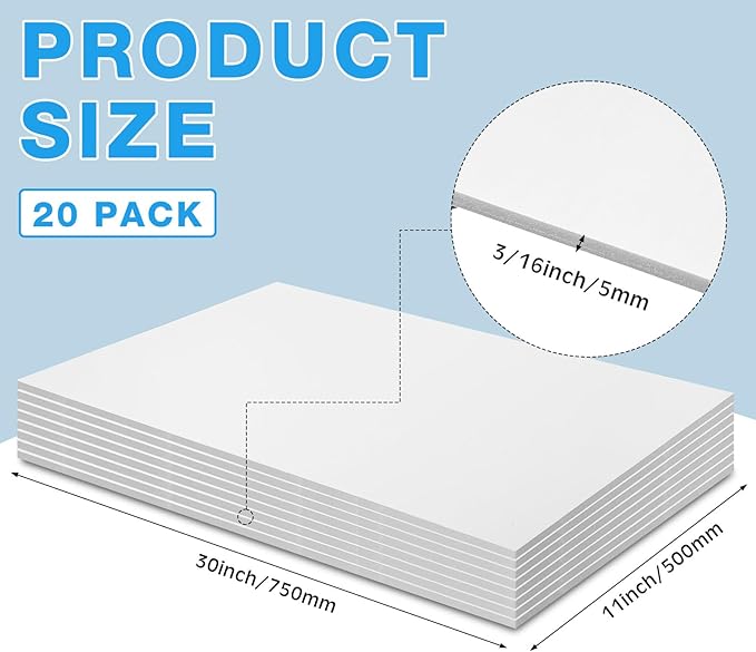 Tenceur 20 Pcs Large Foam Boards Bulk Foam Core Backing Board 3/16 Inch Thickness Foam Core Board Foam Poster Boards for Presentations, School, Office, Art Projects(White,20 x 30 x 3/16 Inches)