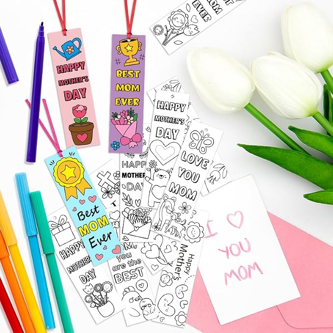 BWkoss Mother's Day Color Your Own Bookmarks for Kids -75Pcs Happy Mother's Day DIY Coloring Bulk Blank Bookmark Classroom Art Craft Supplies for Student Mother's Day Holiday Party Goodie Fillers