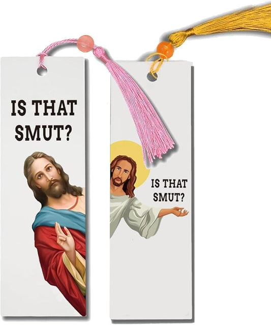 2 Pack Peeking Jesus is that Smut?Bookmark Inscribed with Hilarious Text and Tassels for Book Lovers,Funny Bookmarks for Adults Humor(Yellow&Pink)