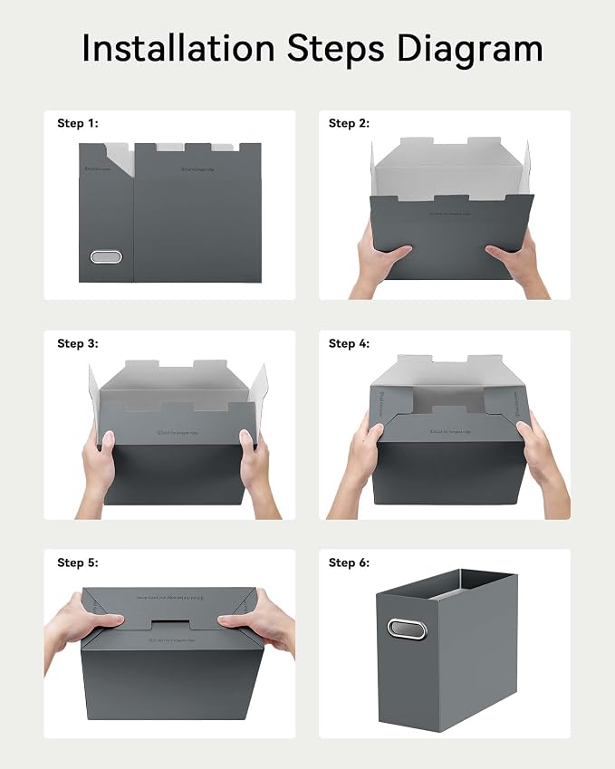 Oterri File Organizer Box, Portable Collapsible Cardboard File Folder Organizer with Handle for Letter Size Hanging Files, Document Storage Box for Home Office & Classroom (6 Packs, Dark Grey)