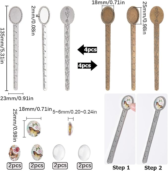 SUNNYCLUE 16Pcs DIY 8 Sets Metal Bookmark Blanks Oval Glass Cabochons Ruler Bookmark Bezel Trays Butterfly Book Mark Blanks Bezels Antique Silver Bronze Cabochon Bookmarks Making Kit for Men Women