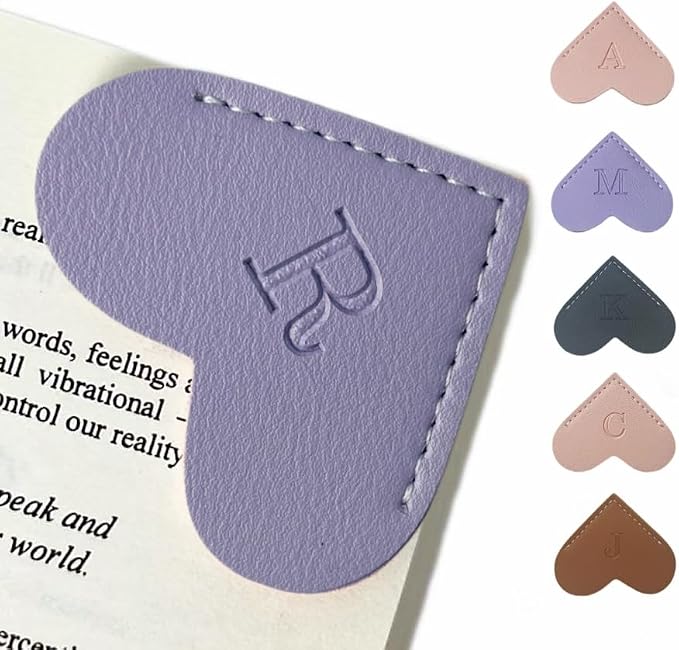 Personalized Leather Book Marks, Heart Bookmark, Unique Cute Handmade Letter Bookmarks Accessories for Reading Women, Teacher, Student, Book Lovers Book Mark Gifts (Purple, R)