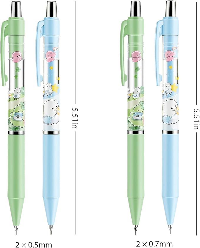 4Pcs Cute Green Mechanical Pencils with Eraser 0.5mm&0.7mm Kawaii Cartoon Mechanical Pencil School Pencil for School Office Writing Draft Drawing