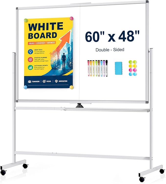 Large Rolling Whiteboard with Stand, 60" x 48" Double-Sided Mobile White Board Dry Erase, Giant Magnetic Dry Erase Board on Wheels for Office, Home & School