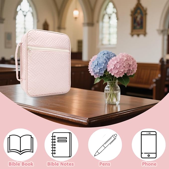 Bible Cover Case For Women,Large Bible Bag with Study Supplies,Pink Quilted Bible Carrying Case for Girls,Portable Bible Case with Highlighter, Pens,Tabs,Bible Study Gifts for Women