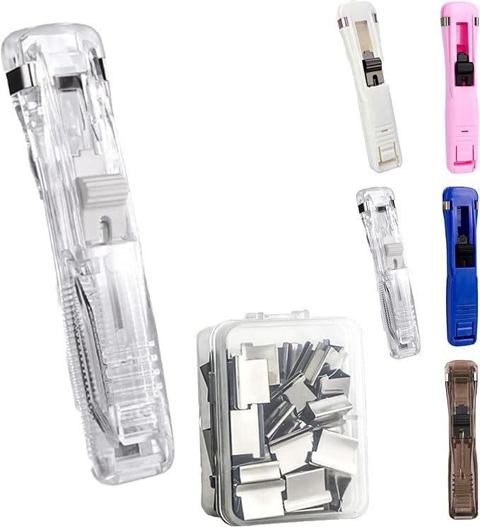 Portable Binder Clip Stapler with 100 Refill Clips,Handheld Paper Clamp Dispenser for Desktop/Document, No-Hole Binding, Home/School/Office Use (Trans,A)