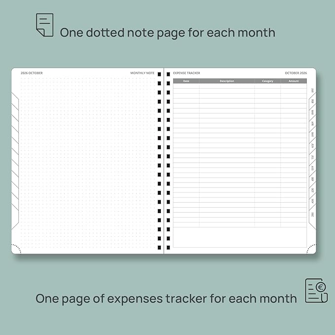 POPRUN 2026-2027 Monthly Planner, Large 8.5" x 10.5", 18 Month Calendar (July 2026 to December 2027) with Expense Tracker, Notes Pages, Sprial Bound, Leather Softcover - Beige