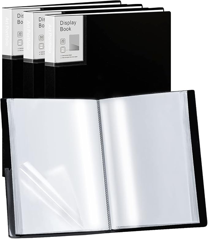 Folder with Plastic Sleeves 4 Pack 9"x12" Black Portfolio Folder for Artwork Display Book 30 Pockets 60 Pages Capacity