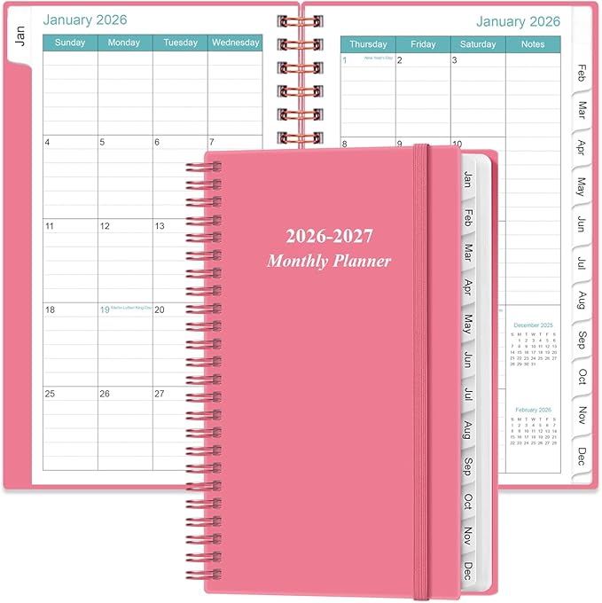 2026-2027 Monthly Planner - January 2026 - June 2027, Two Pages Per Month, 18 Monthly Calendar/Planner with Tabs, Strong Twin-Wire Binding, Inner Pocket, 3.75" x 6.5", Pink