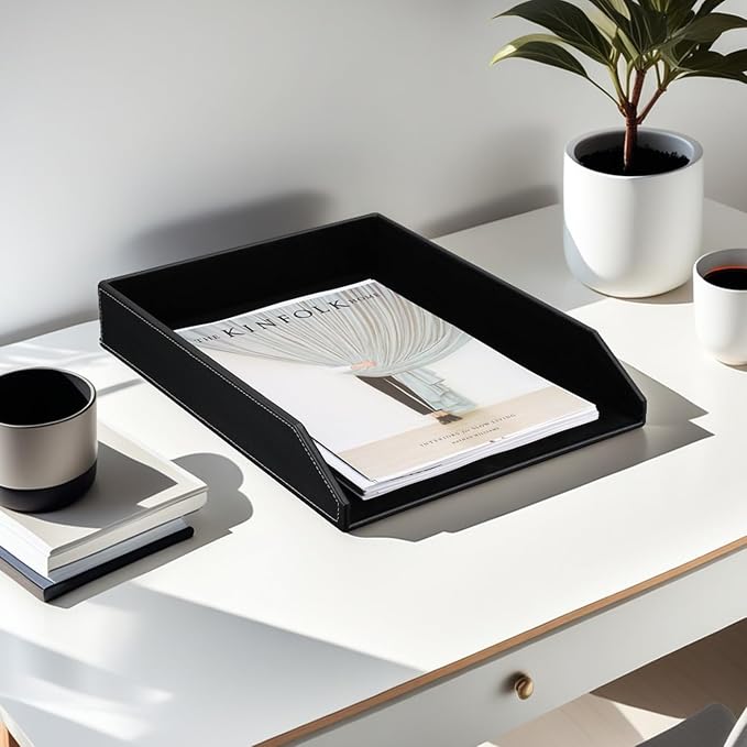 KINGFOM Letter Tray, PU Leather Paper Organizer Tray for Desk, Paper Organizer Storage Holder for Office Home or School A4 Size Black