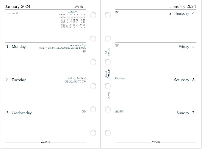 Filofax Calendar Diary Refill, Pocket Size, Week-to-View, White Paper, Unruled, English, 2024 (C68221-24)