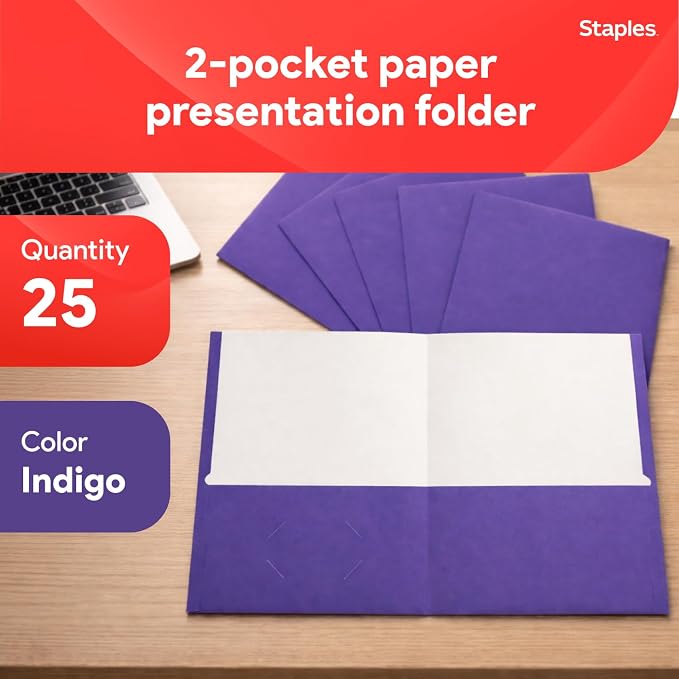 Staples 2‑Pocket Paper Folders, Indigo, Durable Letter‑Size Cardstock, Ideal for School & Office Organization, 25/Pack