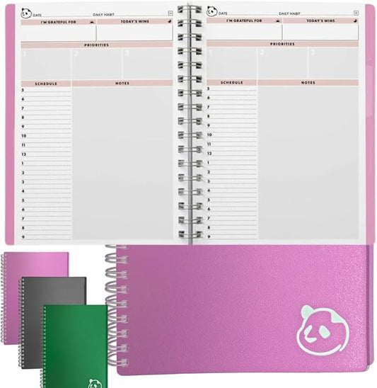 Panda Planner 2026 Undated Daily Planner with Hourly Schedule 5.75" x 8.25" – 90 Days Daily Journal with Spiral Binding – To Do List Notebook with Habit Tracker for Home/Office Supplies – Pink