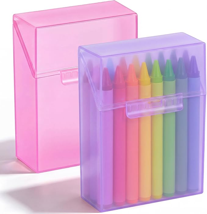 Clabby 2 Pcs Plastic Crayon Organizer Case for 24 Count Crayons Kids Art Supply Storage Box with Lid, Portable Holder for Classroom Home Travel, Fits Standard 24-Pack Crayon (Purple,Pink)