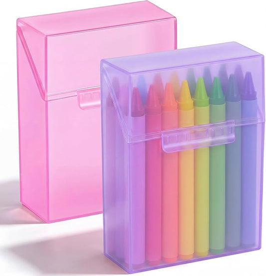 Clabby 2 Pcs Plastic Crayon Organizer Case for 24 Count Crayons Kids Art Supply Storage Box with Lid, Portable Holder for Classroom Home Travel, Fits Standard 24-Pack Crayon (Purple,Pink)