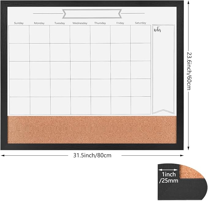 Dry Erase Calendar Whiteboard for Wall, Combination Magnetic Dry Erase White Board & Bulletin Board, 23.6" x 31.5" Wood Framed Calendar/Cork Combo Board(BK-6080)