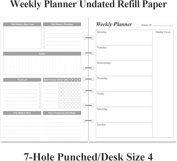 Weekly Planner Refills for 3 or 7 Ring Mini Binders - 53 Sheets/106 Pages Undated Weekly Planner, 100 gsm White Paper, Lasts 1 Year, Undated, 5.8" x 8.3", Black