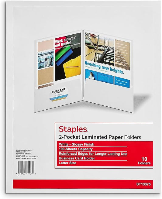 Staples 2-Pocket Laminated Presentation Folders, White – Durable School & Office Folders, 10-Pack
