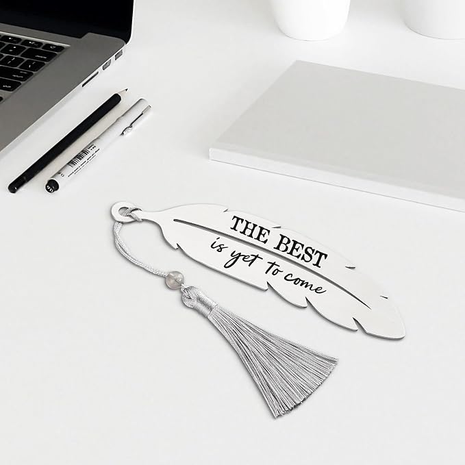 The Best is Yet to Come, Motivational Bookmark Gifts for Women, Graduation Retirement Birthday Christmas Farewell Gift for Readers Students Teachers, Feather Metal Bookmark with Tassel VBK222