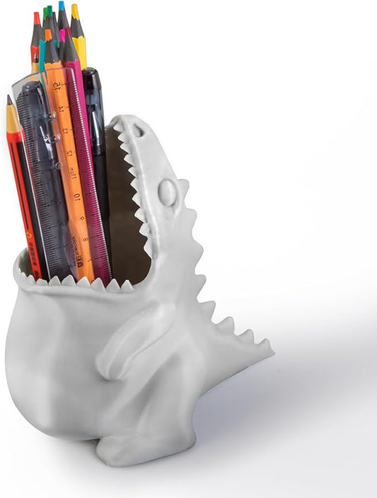 Cute Dinosaur Pen Holder, Dinosaur Figurine Pencil Holder for Office Desk Decor, 3D Printed, Grey T-Rex Desktop Organizer, Funny Dinosaur Pen Holder Gifts for Boys