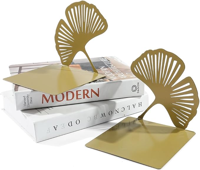 Ginkgo Leaf Metal Bookend, Botanical Leaf Veins Heavy Duty Book Stand, Home and Office Bookshelf Decorative End of The Book (Big Ginkgo Leaf)