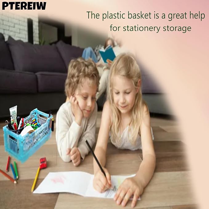 Mid Size Pastel Plastic Storage Crates and Baskets, Collapsible Crates for Organizing, 4L SpaceSaving Bins for Classroom, Kitchen, Office, Bedroom,Desk Organizer. (Pink)