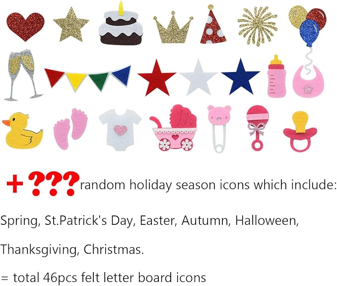 Random 46pcs Felt Letter Board Accessories Holiday Seasonal Spring Icons Felt Board Decoration Message Board Symbols Combo (Board Not Included)