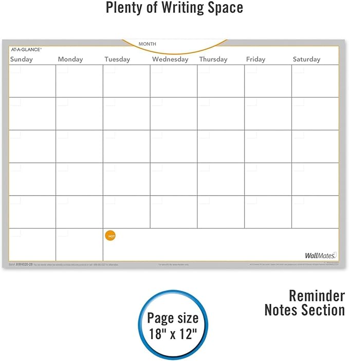 AT-A-GLANCE AW402028 WallMates Self-Adhesive Dry Erase Monthly Planning Surface, 18 x 12