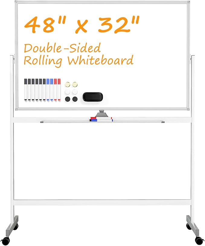 Rolling White Board on Wheels, 48" x 32" Large Dry Erase Board with Stand, Big Rolling Whiteboard for Home, Office, School (48" x 32")