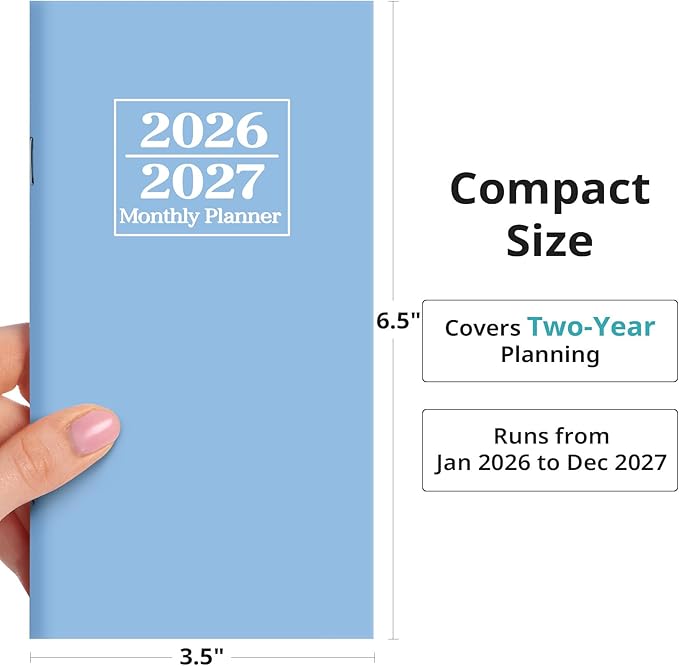 Pocket Calendar 2026-2027 for Purse, Two Year Monthly Planner Pocket Size, Jan 2026 to Dec 2027 Monthly Planner Small Size (6.5" x 3.5") - Blue