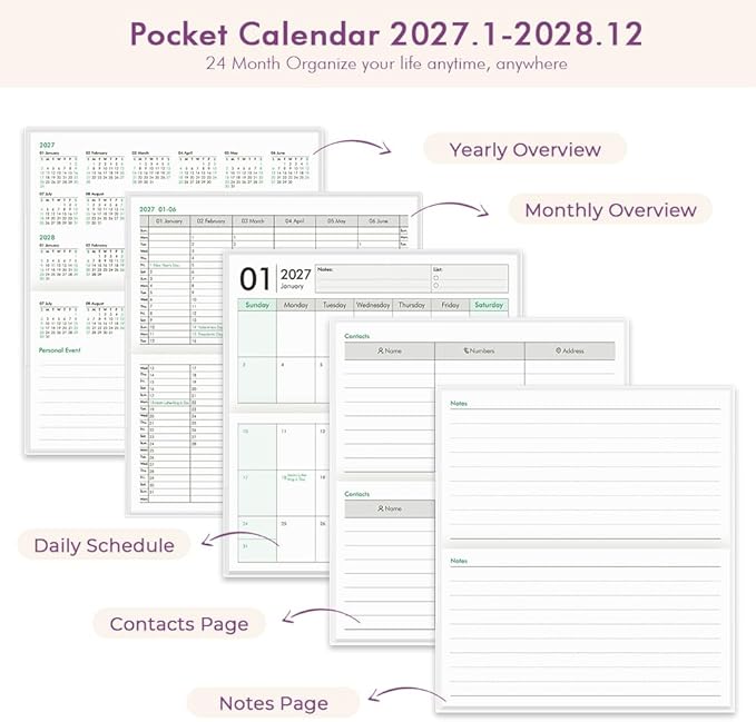 Pocket Calendar 2027-2028 for Purse, Small Pocket Planner 2027-2028 for Purse 3.5×6.5In, 24 Month Organizer from Jan 2027- Dec 2028 Mini Planner with Pvc Cover for Organizing & Planning