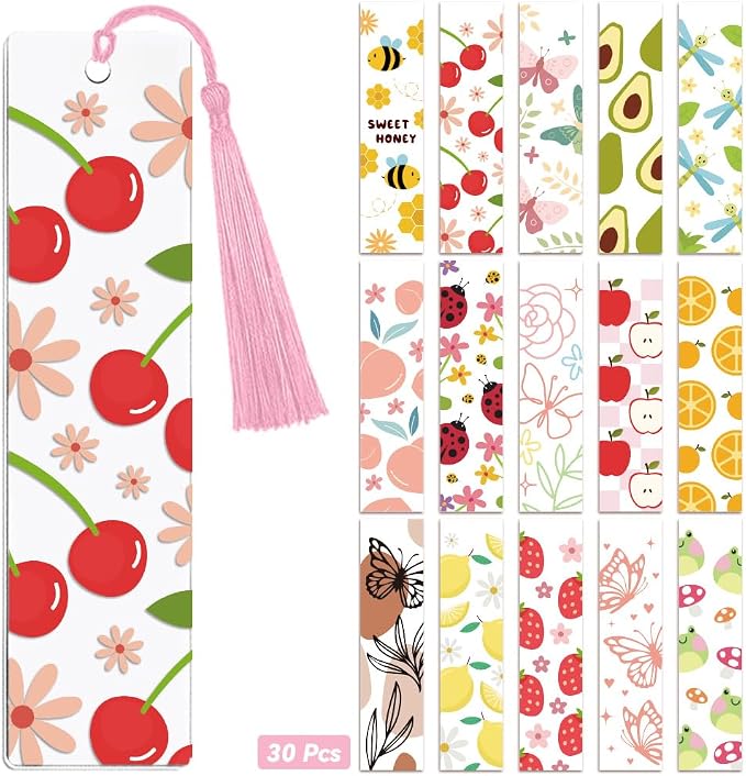 Peacoblue 30pcs UV DTF Bookmarks Transfer Stickers Wraps Fruit for Women Men Reading, Waterproof Bookmarkers Decal(No Blank Bookmarks) for Acrylic Plastic Metal Blank Bookmark