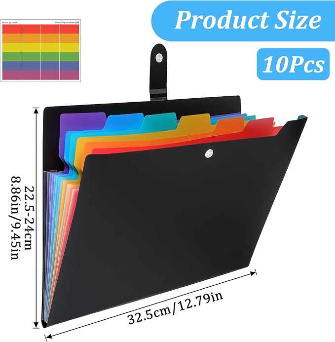 10 Pack Expanding File Folders with Stickers, Accordion-File-Organizer 7 Pocket Folder Organizer, A4 Letter Size Portable Paper Document Bill Receipt Organizer