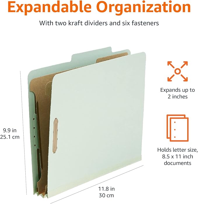 Amazon Basics Sturdy Pressboard Classification File Folders with Fasteners, Dividers, 2" Expansion for Documents Organization, 11.97 x 10.55 inch, Green, 10-Pack