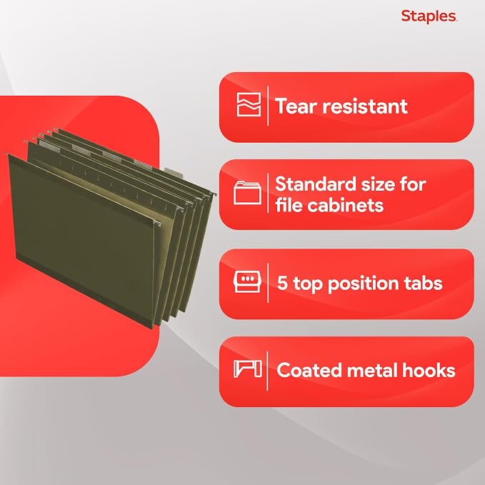 Staples Reinforced Hanging File Folders, Letter Size, 3" Expansion, Wide‑Capacity Box‑Bottom Design, Standard Green – 25/Pack