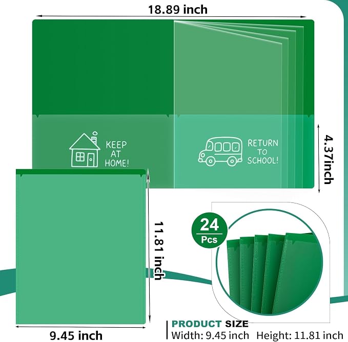 24 Pcs Back to School Take Home Folders for Elementary Students 2 Pocket Folders with Clear Front Pocket 4 Inner Pockets Plastic Parent Teacher Communication Folder 11.81 x 9.45 Inch (Green)