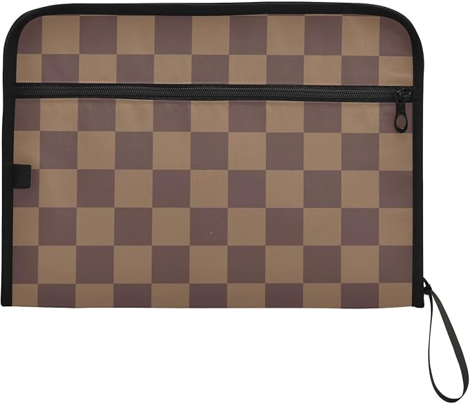 Expanding File Folder Brown Checkerboard Accordion File Organizer 13 Pockets Document Organizer with Zipper Labels A4 Letter Office Storage