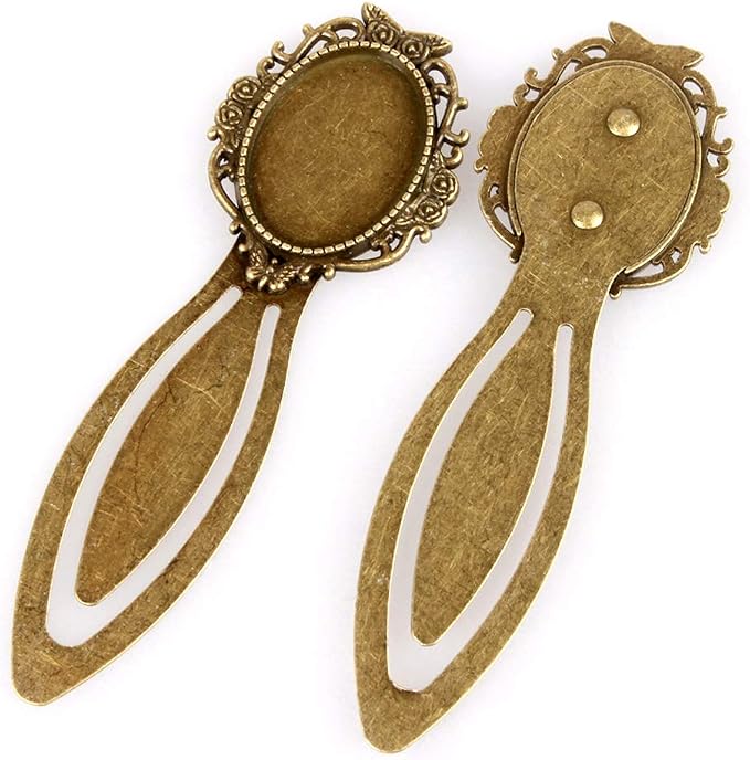 FASHEWELRY 10Pcs Antique Bronze Bookmark Pendant Blank Tray 18x25mm Oval Round Bezel Base Cabochon Setting Charms