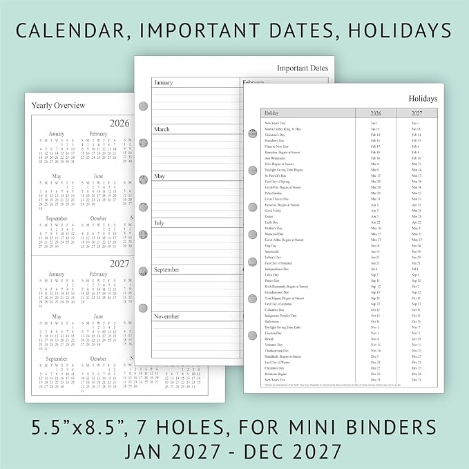 newestor 2027 Weekly & Monthly Planner Refill, 5-1/2" x 8-1/2", Jan 2027 to Dec 2027, 7-Hole Punched for Mini Binders