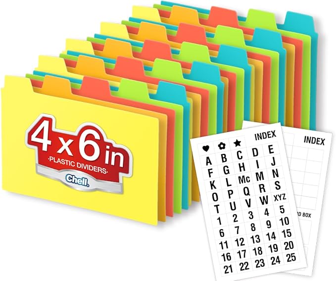 Chell 4x6 Plastic Index Card Dividers, Heavyweight Poly Index Card Guides A-Z for Flash Cards and Recipe Cards, with Alphabetical/Blank Stickers, Pack of 25