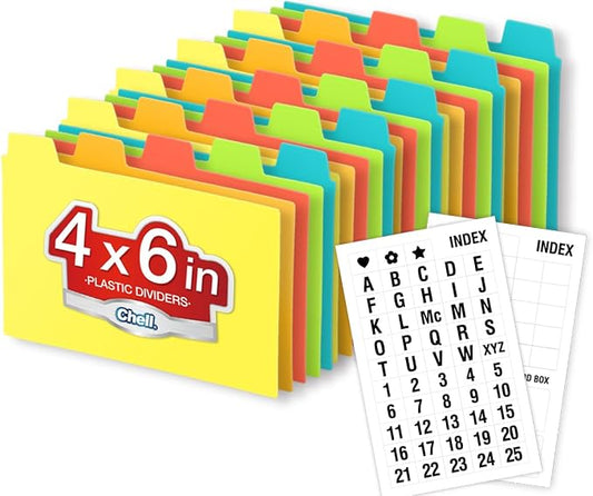 Chell 4x6 Plastic Index Card Dividers, Heavyweight Poly Index Card Guides A-Z for Flash Cards and Recipe Cards, with Alphabetical/Blank Stickers, Pack of 25