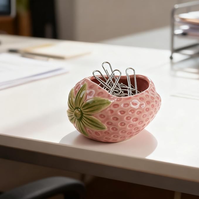 Ceramic Paper Clip Holder, Strawberry-Shaped Binder Clip Box Cute Office Decor Supplies for Desk Organizer (Strawberry Pink)