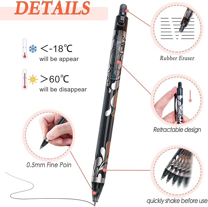 6Pcs Erasable Gel Pens Black Ink, 0.5mm Retractable Quick Dry Fine Point Pens, Smooth Writing Pens for Journaling, Coloring, Drawing, Doodling, Note Taking