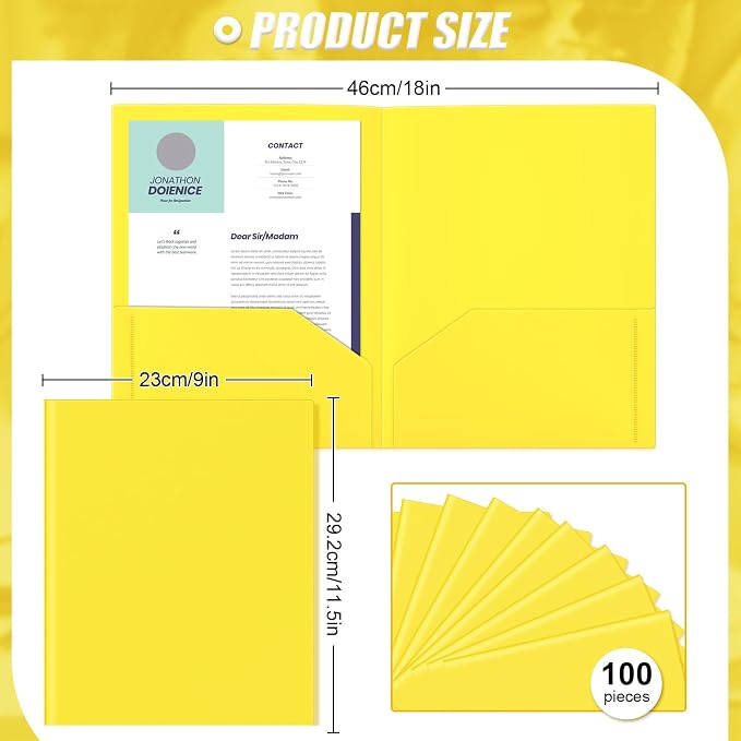 Gueevin 100 Pack Plastic Folder with Pockets, 2 Pocket Folders, Plastic Glossy Folders Fit Letter Size Paper, Heavy Duty Durable File Folder with Business Card for Home Office School (Yellow)