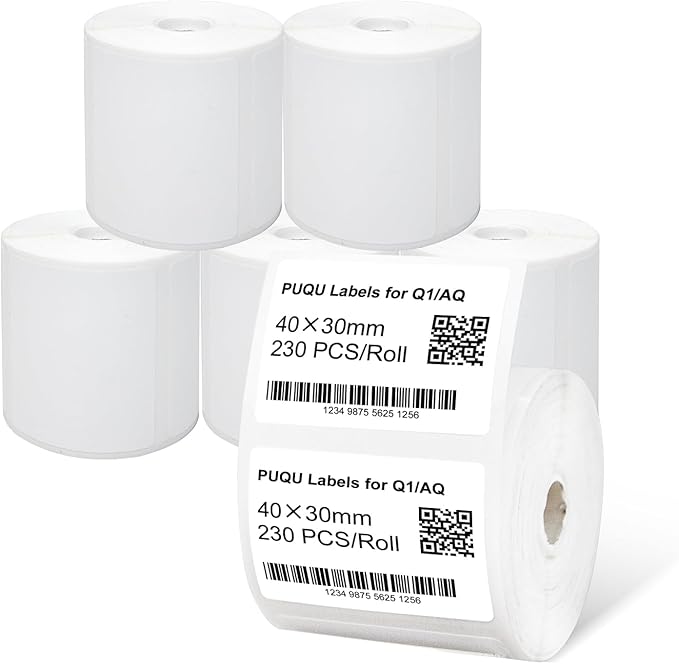 PUQU 40x30mm Direct Thermal Sticker Labels, Self-Adhesive All-Purpose Label Maker Tape, Compatible with AQ/Q1 Series Label Printer, Refills Standard Laminated Office Labeling, 6 Rolls of 1380 Labels