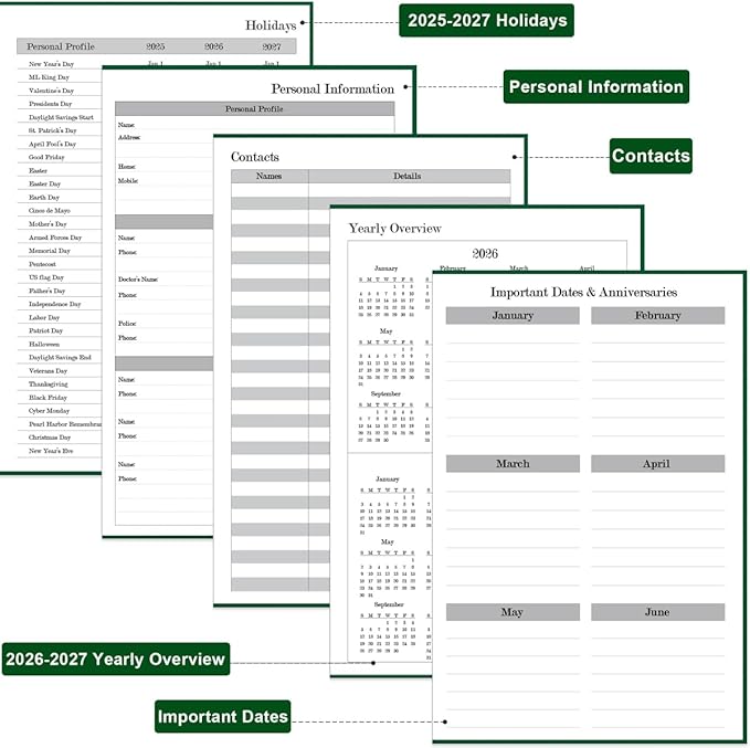 2026 Daily & Monthly Planner - 2026 Daily Planner One Page Per Day from January 2026 to December 2026, 5.8" x 8.3" Hourly Appointment Book Perfect Organizer Daily Life, Fabric Cover, Green