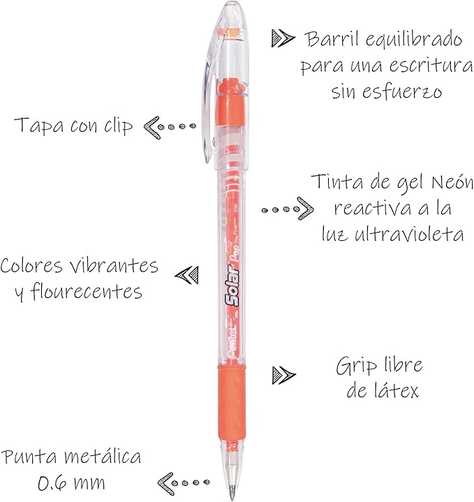 Pentel Solar Pop Neon Gel Pen, (0.6mm) Medium Line, Orange Ink - K96-F
