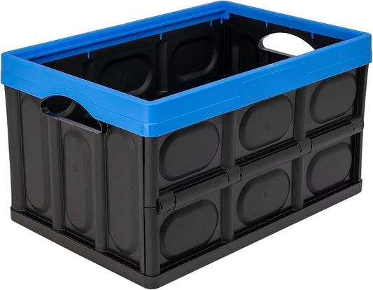 12 Gallon Collapsible Storage Bin, Plastic Foldable Storage Crate with Handles, Stackable Black & Blue for Home Garage Office, Built-in File Rails