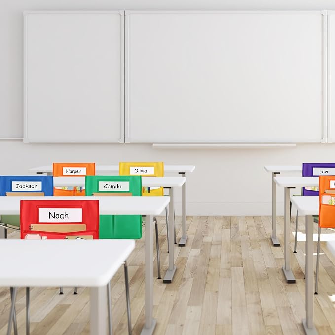 gisgfim 9 Pcs Chair Pockets for Classroom 19 x 17 inch Seat Sacks for Classroom Chairback Pocket Chart 3 Pockets Chairs Seat Back Organizer with Name Tag for School Home Classroom Supplies(Colorful)