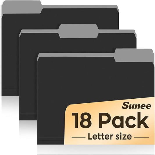 SUNEE File Folders, 18 Pack Manilla Folders 8.5 x 11, 1/3 Cut Tab for Easy Labeling and Organization, Durable Standard Paper for Home, Office, School Filing, Black
